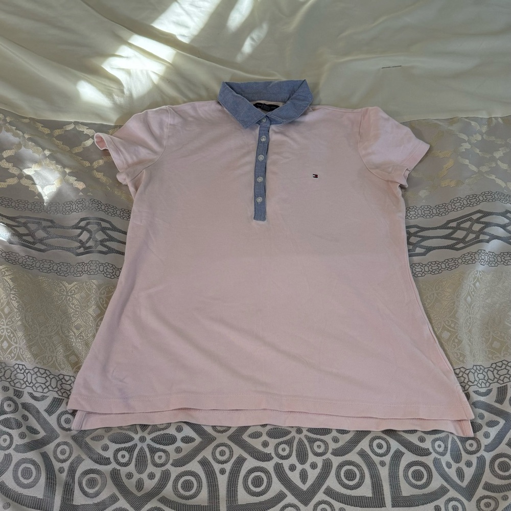 Tommy Hilfiger Pink Polo Shirt with Blue Collar